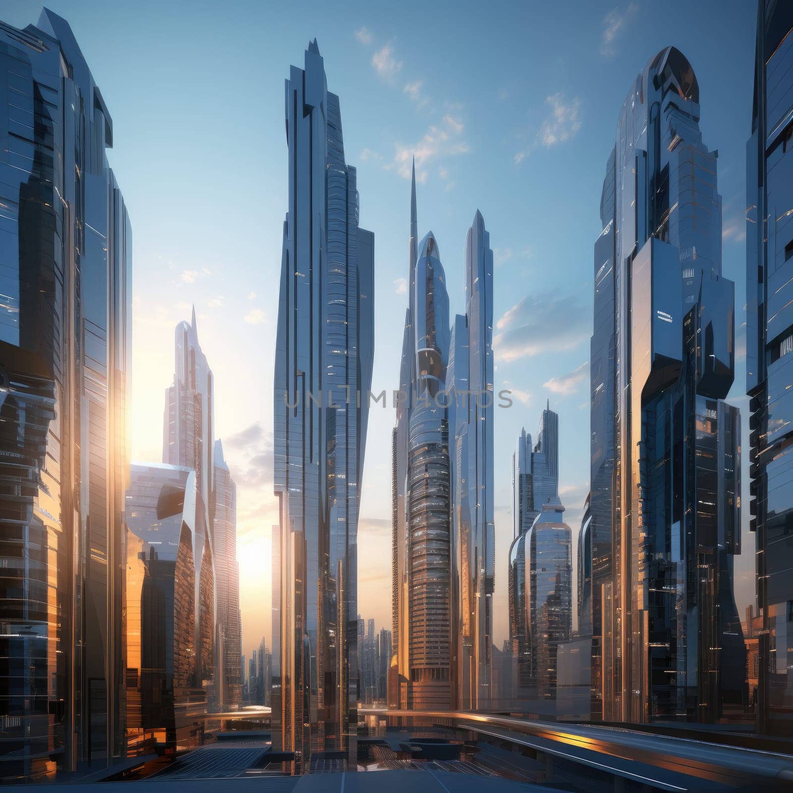 A group of skyscrapers of the future. Sunny day. The business concept of the future