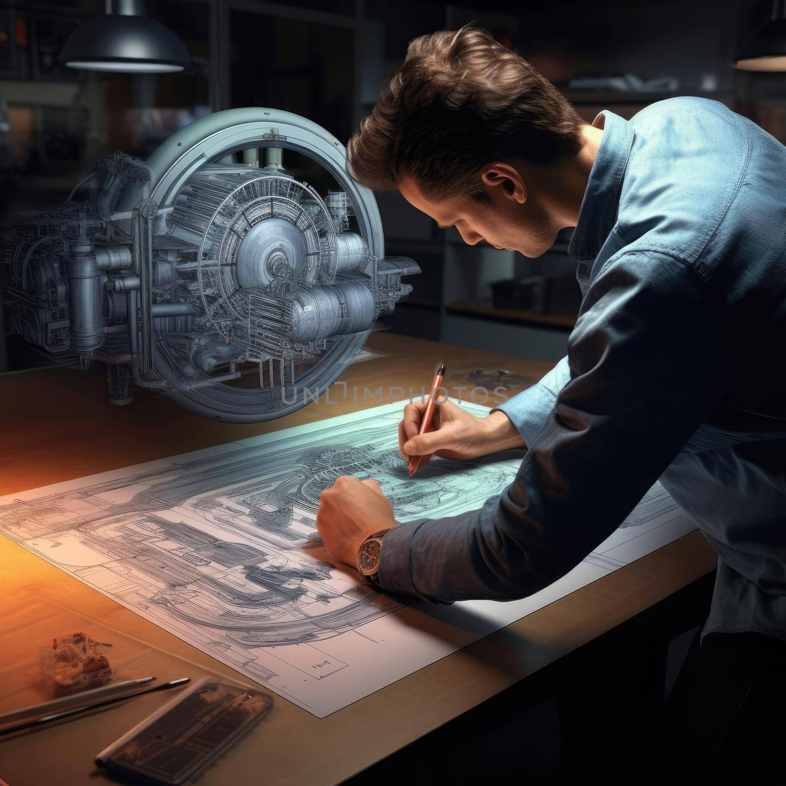 The engineer of the future draws a drawing. The concept of new developments