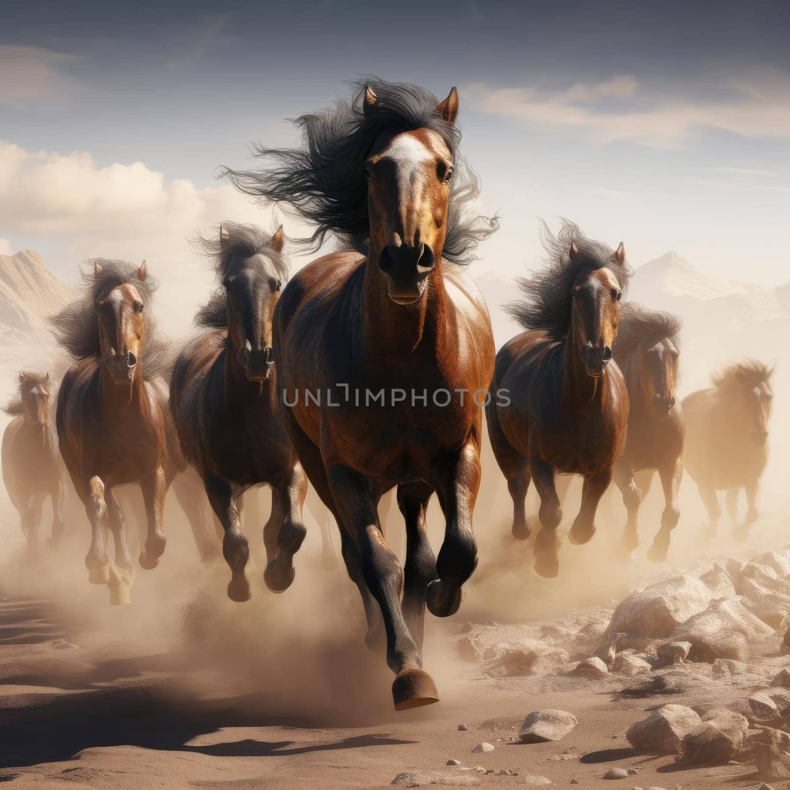 A herd of galloping horses. Dust from under the hooves