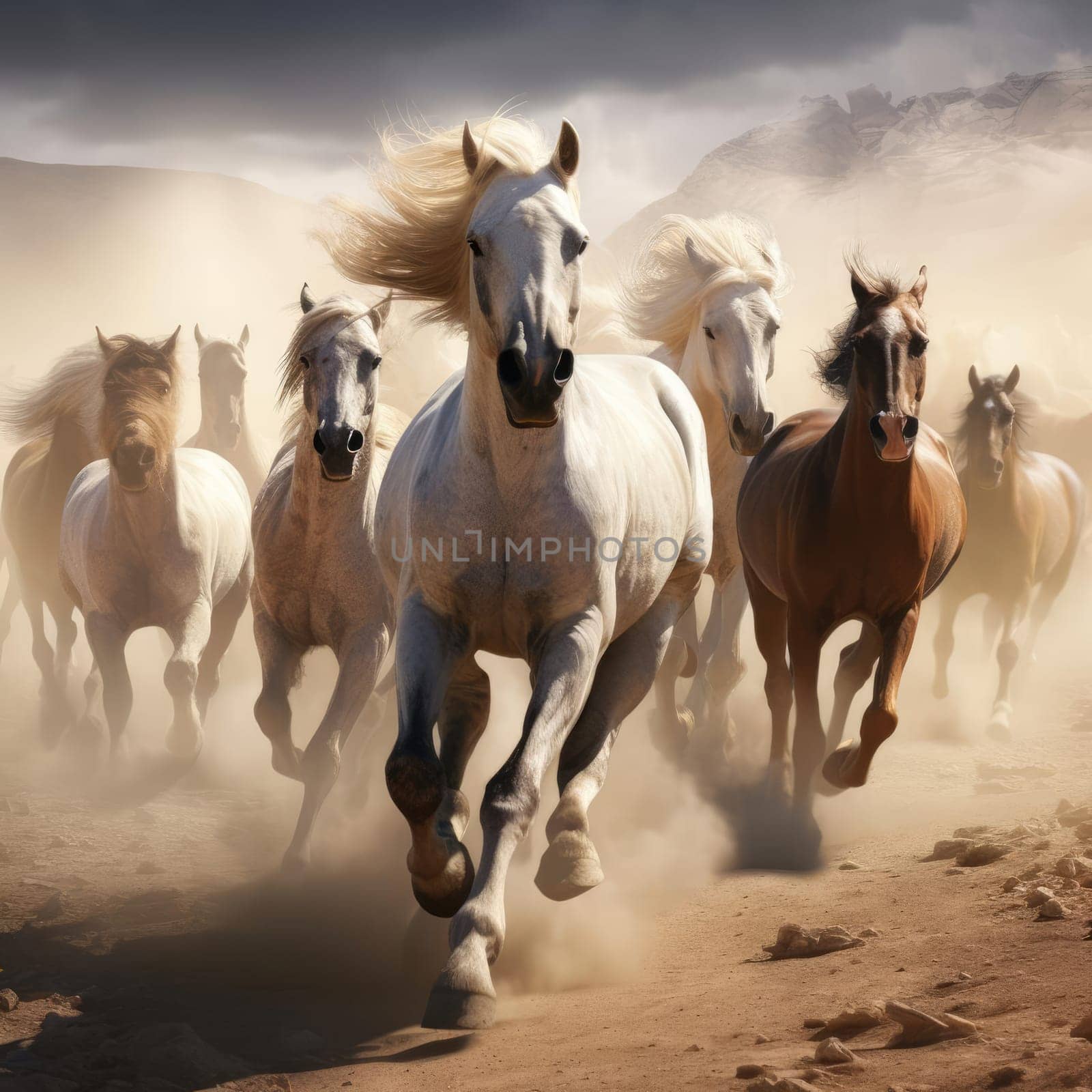 A herd of galloping horses. Dust from under the hooves