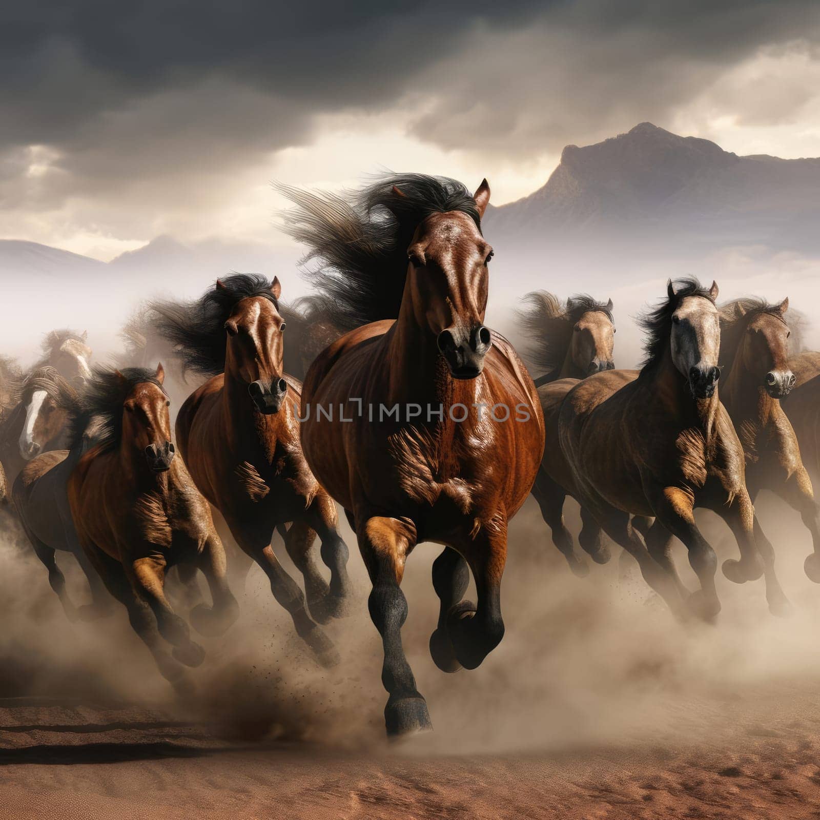 A herd of galloping horses. Dust from under the hooves