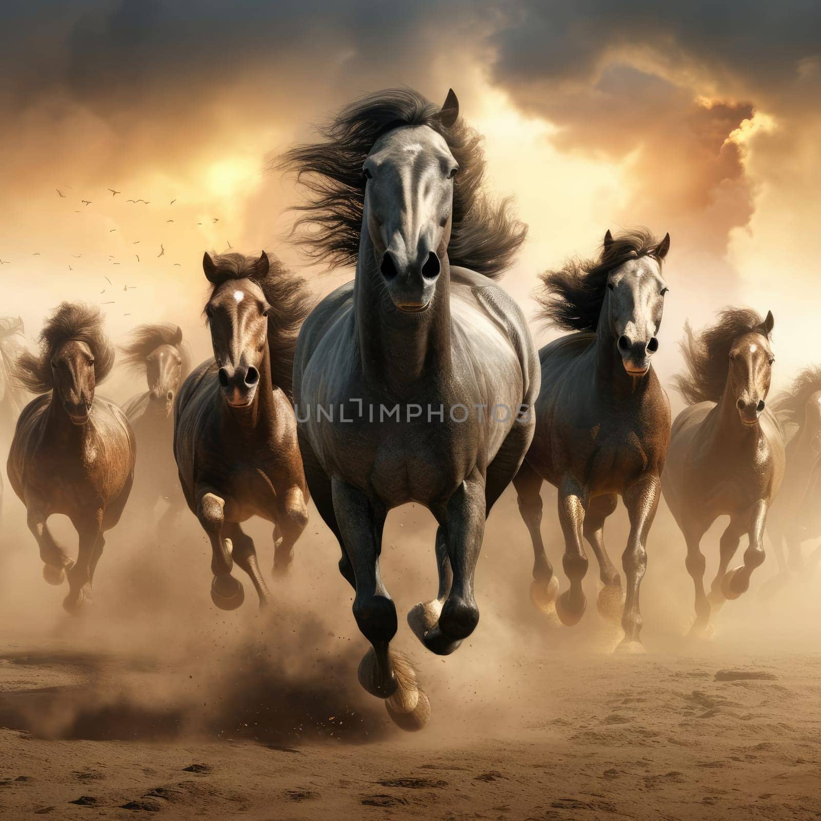 A herd of galloping horses. Dust from under the hooves