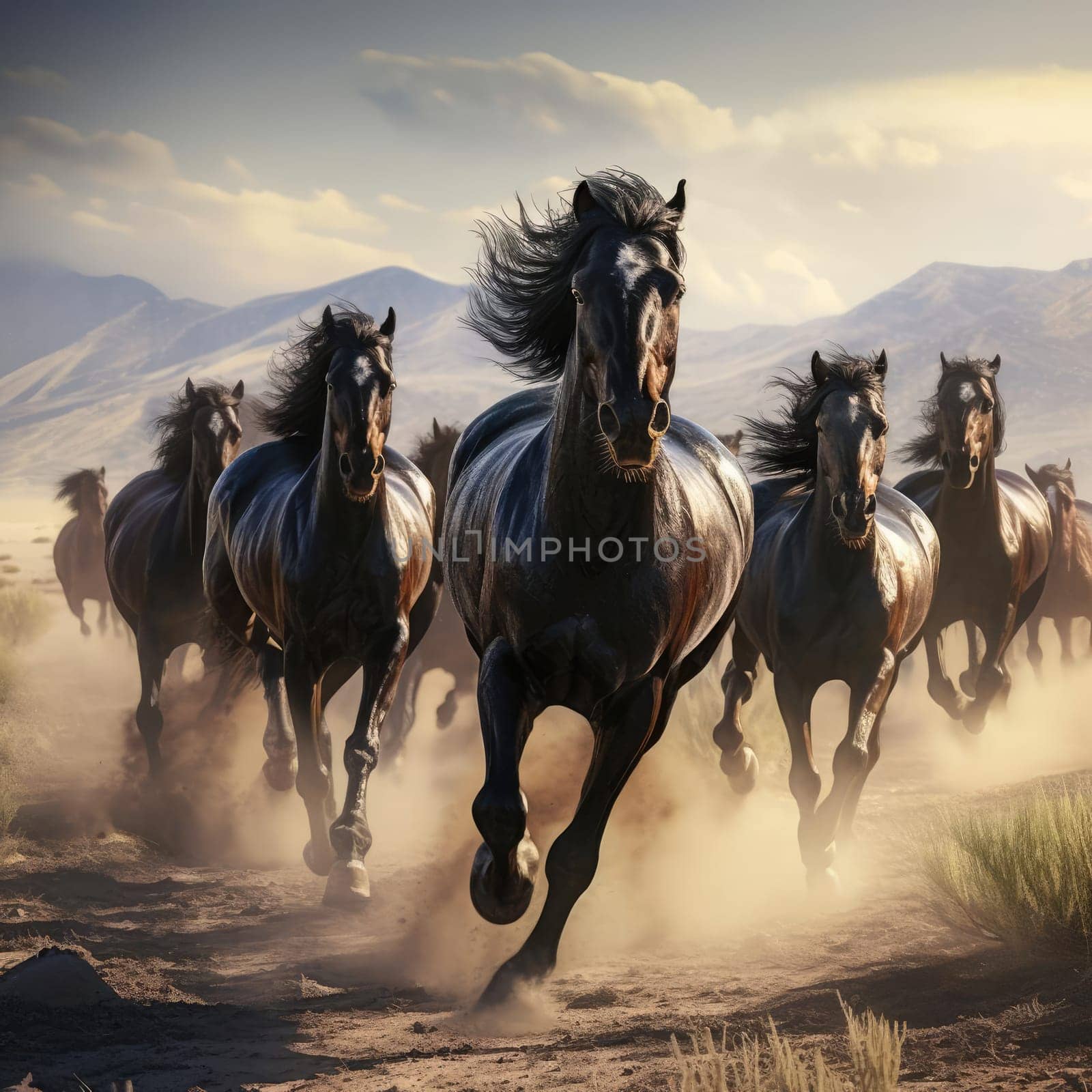 A herd of galloping horses. Dust from under the hooves