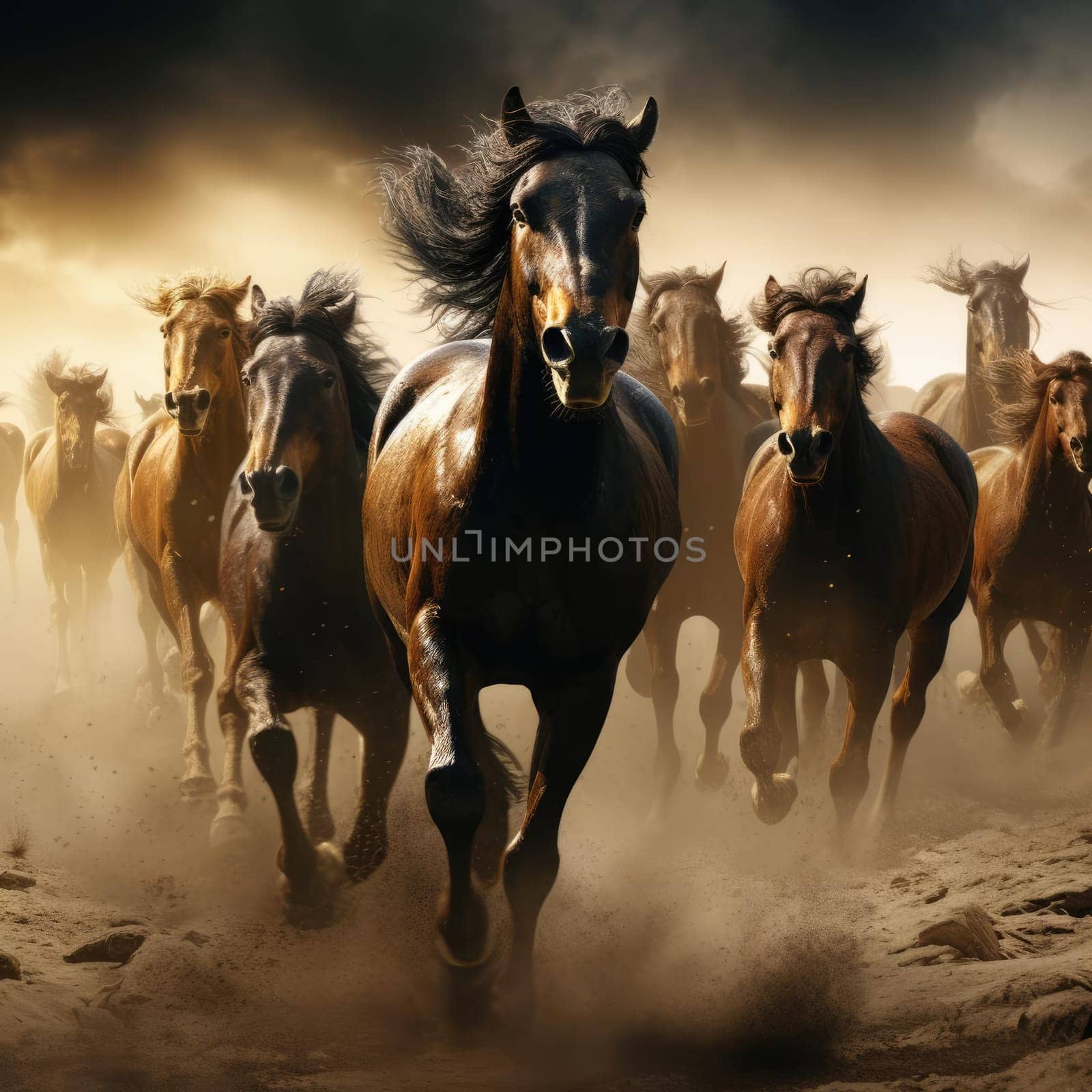 A herd of galloping horses. Dust from under the hooves