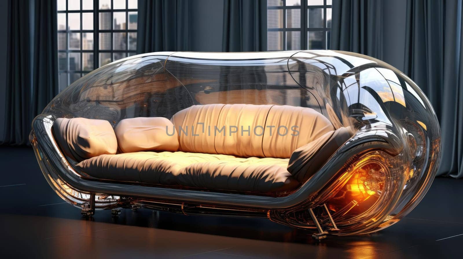 The sofa of the future in the interior, soft lines