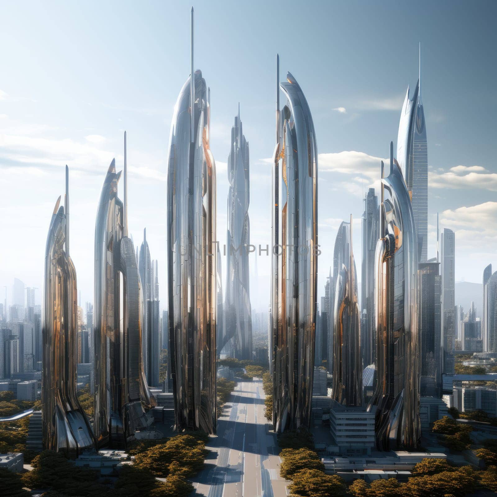 A group of skyscrapers of the future. Sunny day. The business concept of the future