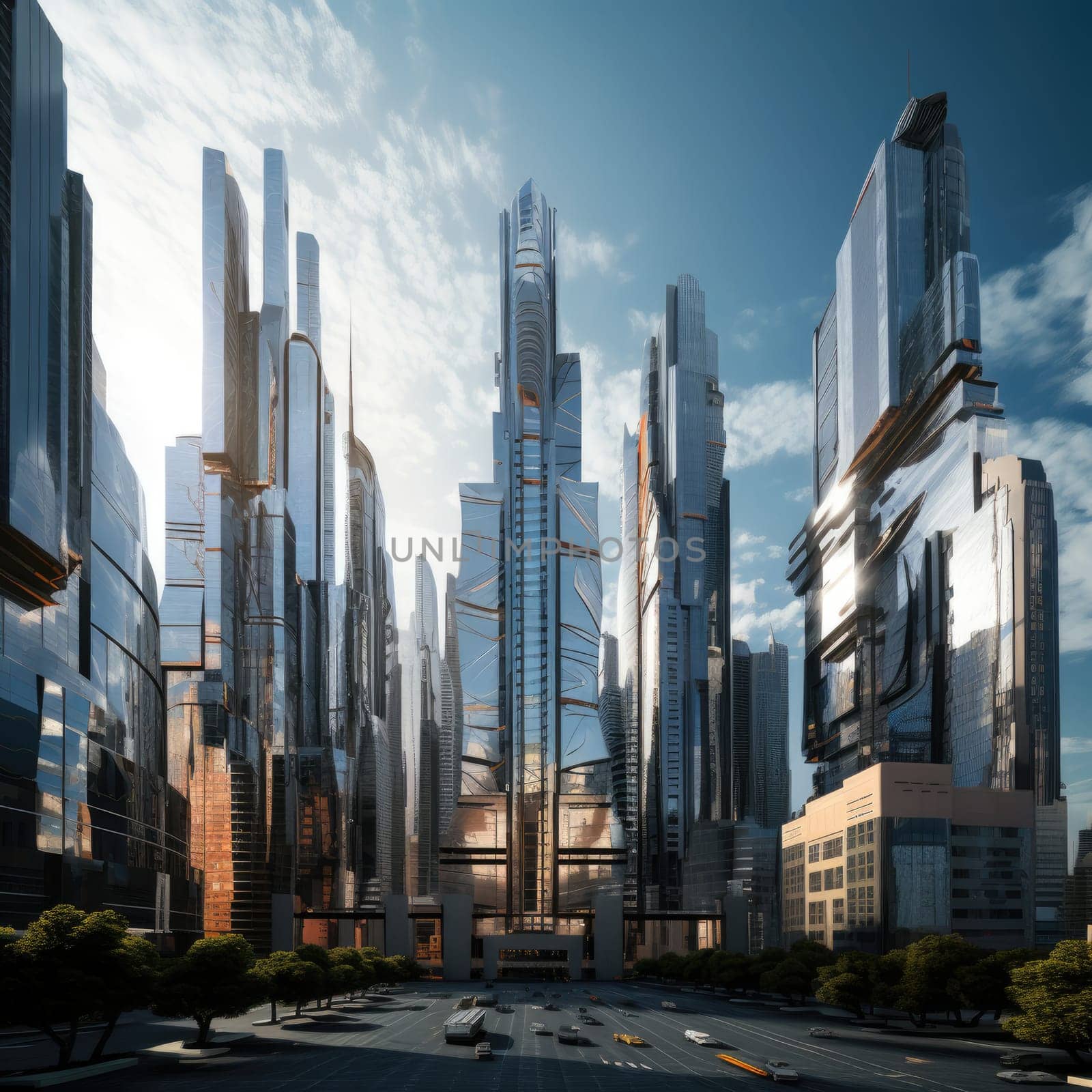 A group of skyscrapers of the future. Sunny day. The business concept of the future