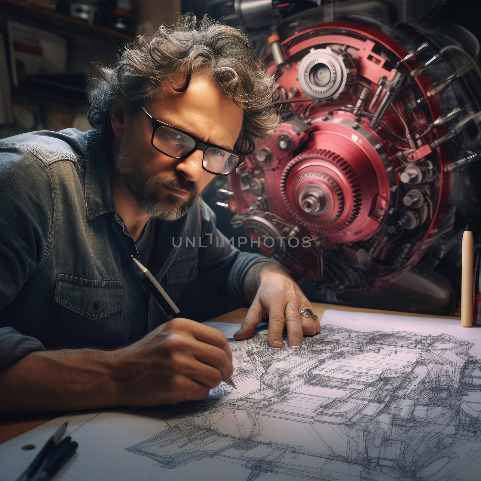 The engineer of the future draws a drawing. The concept of new developments