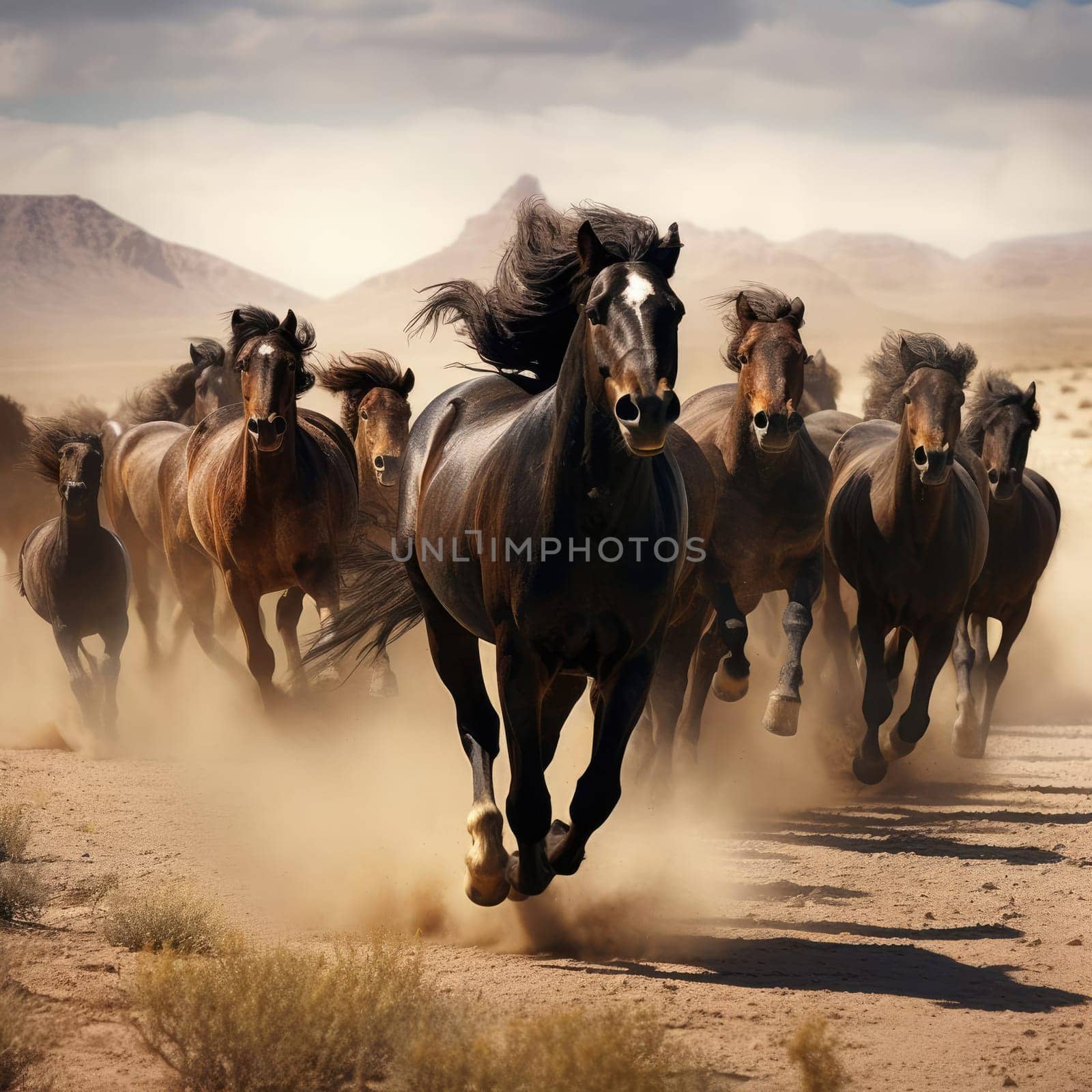 A herd of galloping horses. Dust from under the hooves