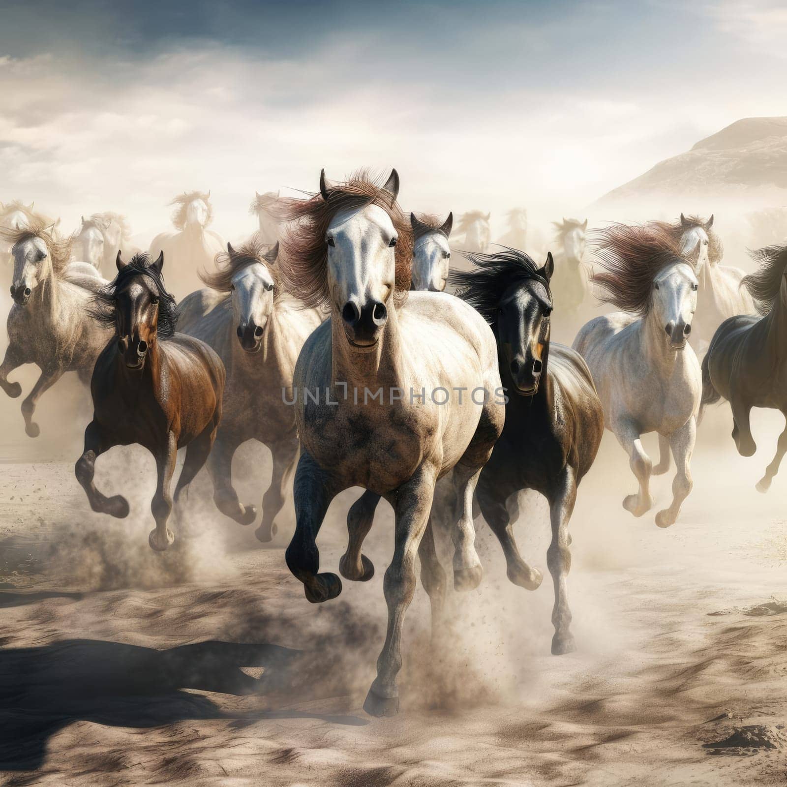 A herd of galloping horses. Dust from under the hooves