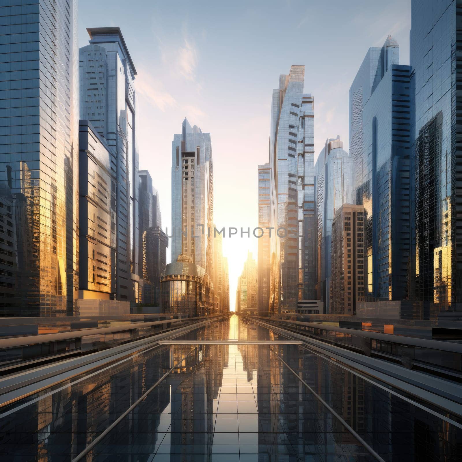 A group of skyscrapers of the future. Sunny day. The business concept of the future