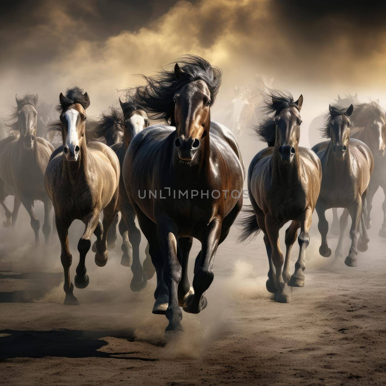 A herd of galloping horses. Dust from under the hooves