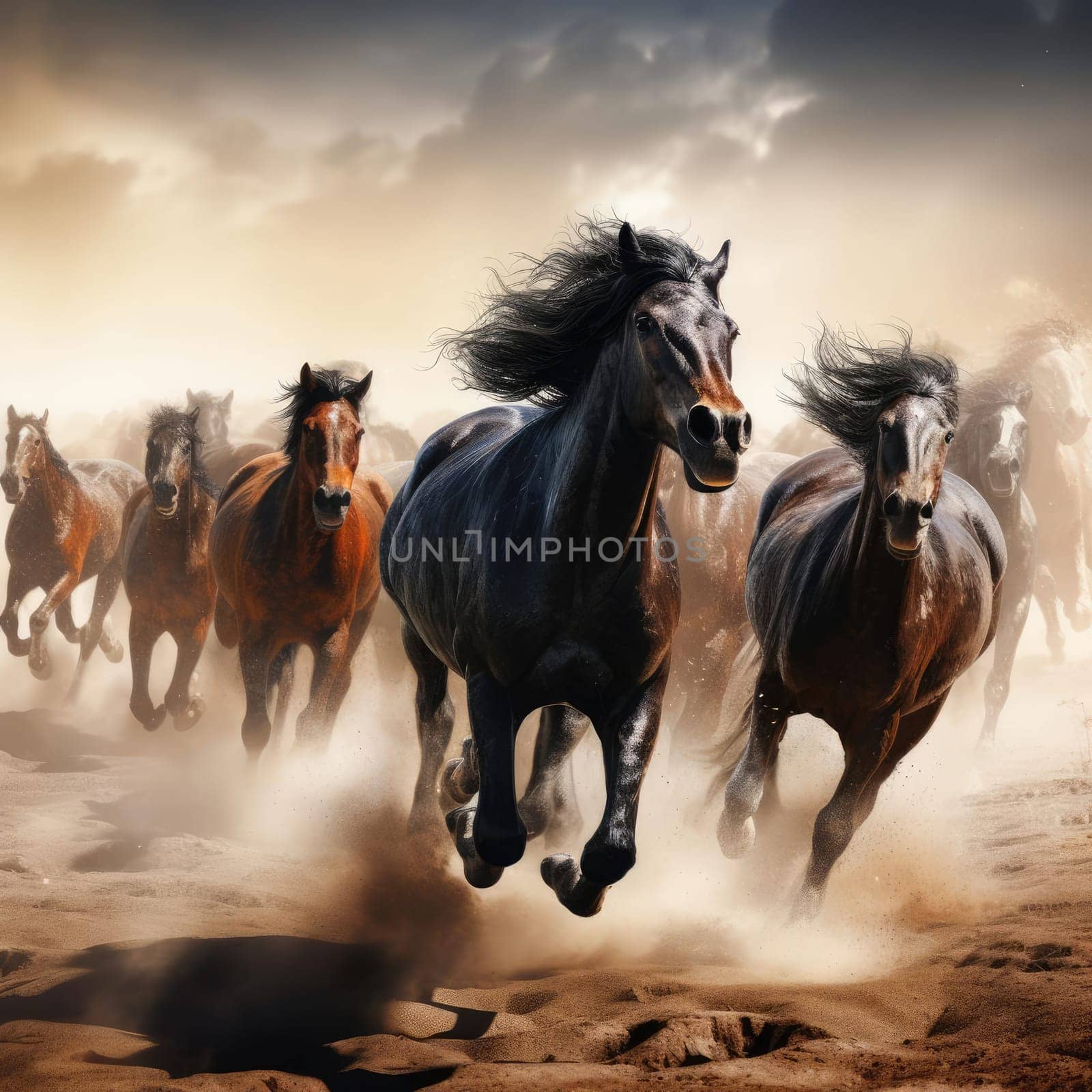 A herd of galloping horses. Dust from under the hooves