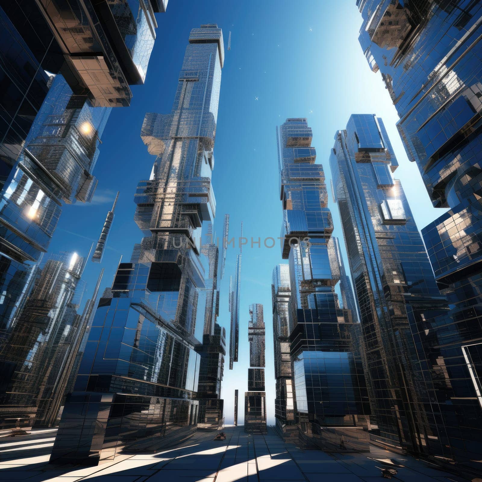 A group of skyscrapers of the future. Sunny day. The business concept of the future