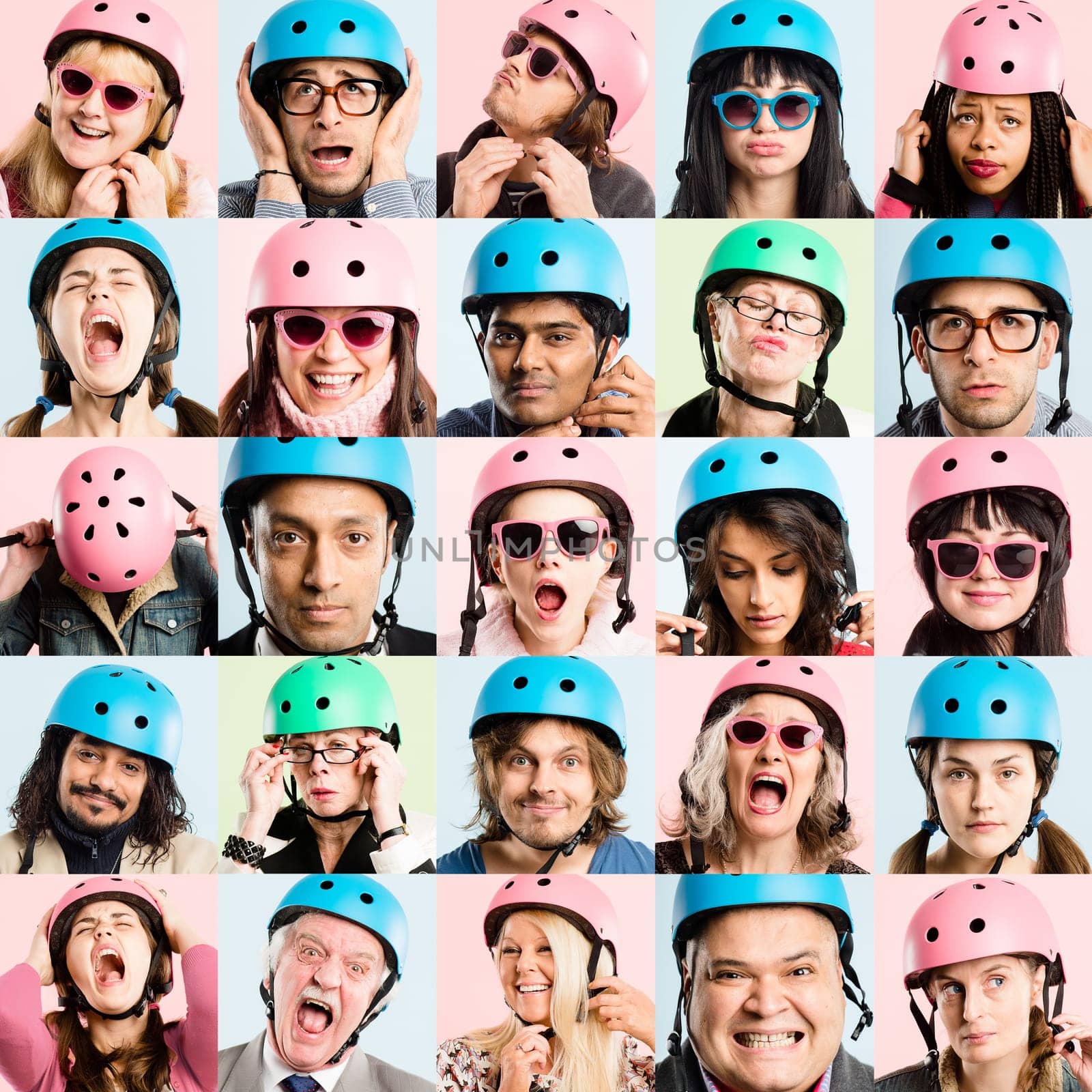 Express yourself. Collaged shot of a diverse group of people standing in the studio and posing while wearing helmets. by YuriArcurs