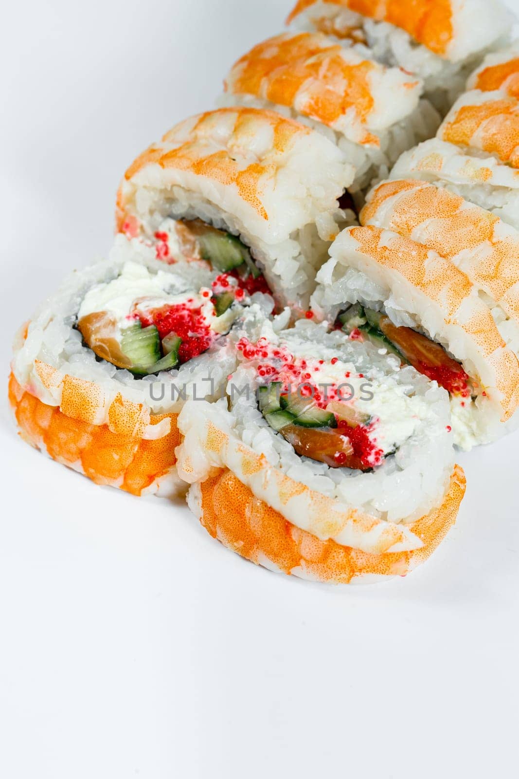 Japanese traditional food. Sushi rolls philadelphia classic with fresh shrimps and cream cheese and caviar