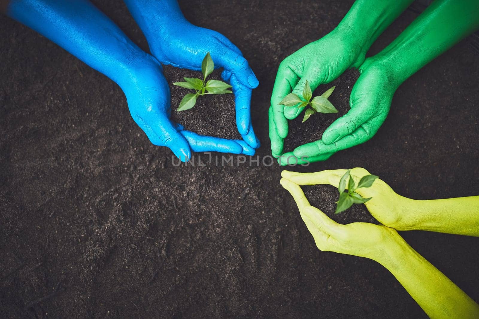 Good soil makes growth easier. unrecognizable people holding budding plants in their multi colored hands