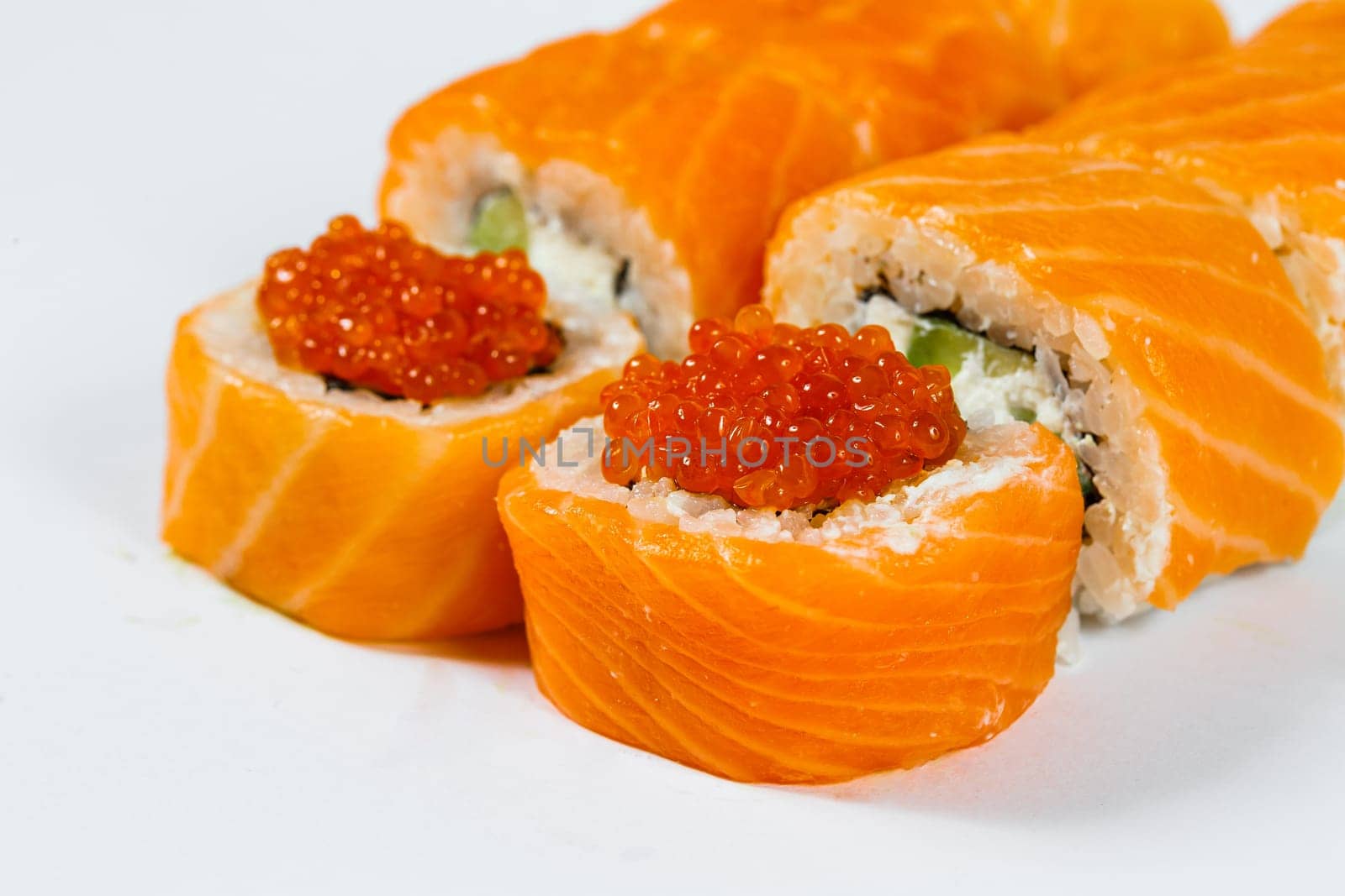 Japanese traditional food. Sushi rolls philadelphia classic with fresh salmon and cream cheese and caviar