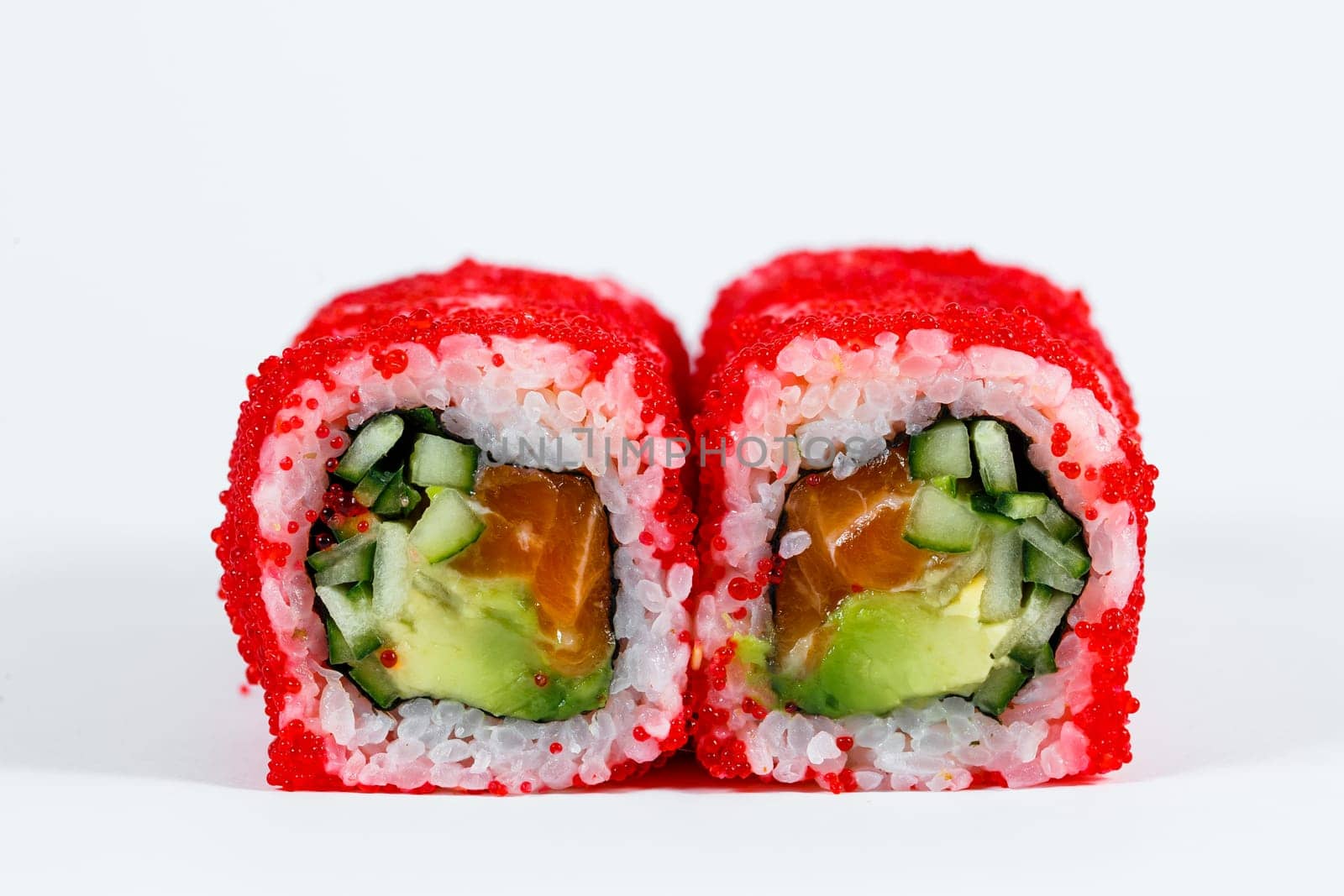 Japanese traditional food. Sushi rolls philadelphia with fresh avocado caviar and cream cheese