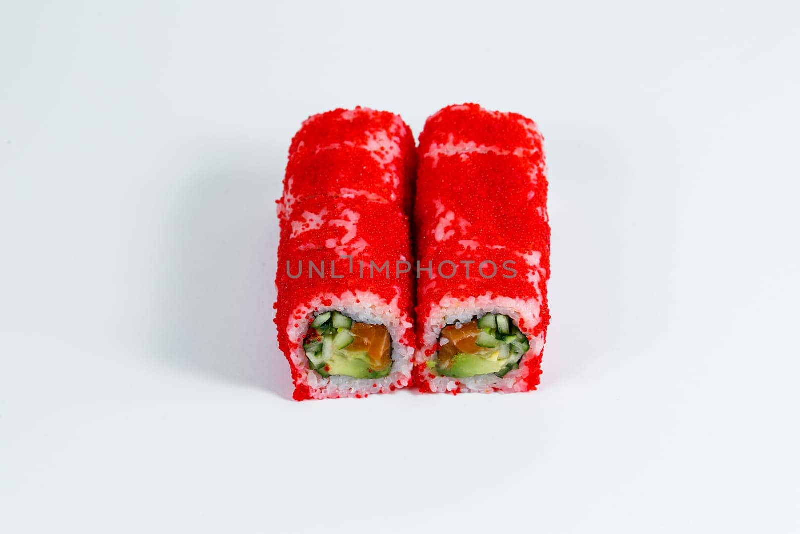 Japanese traditional food. Sushi rolls philadelphia with fresh avocado caviar and cream cheese