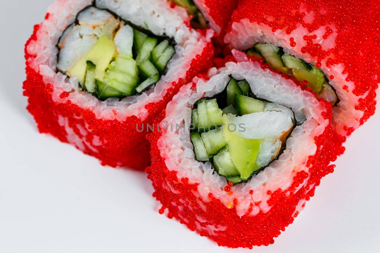 Japanese traditional food. Sushi rolls philadelphia with fresh avocado caviar and cream cheese