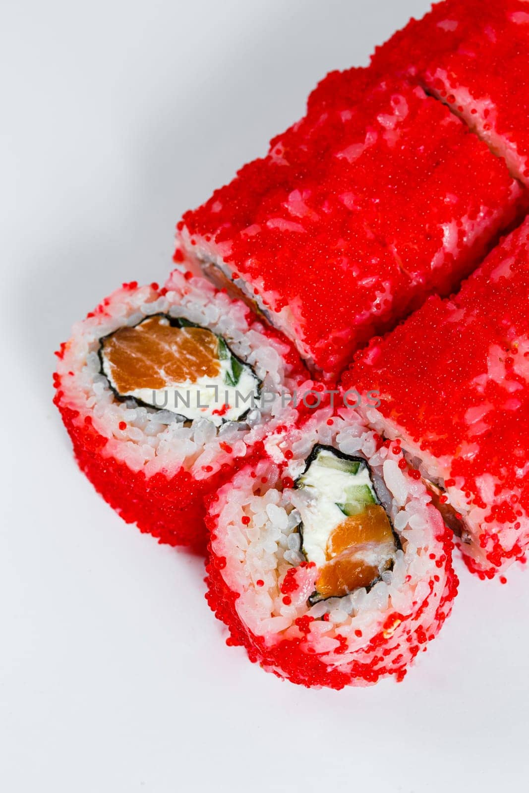 Japanese traditional food. Sushi rolls philadelphia with fresh avocado caviar and cream cheese
