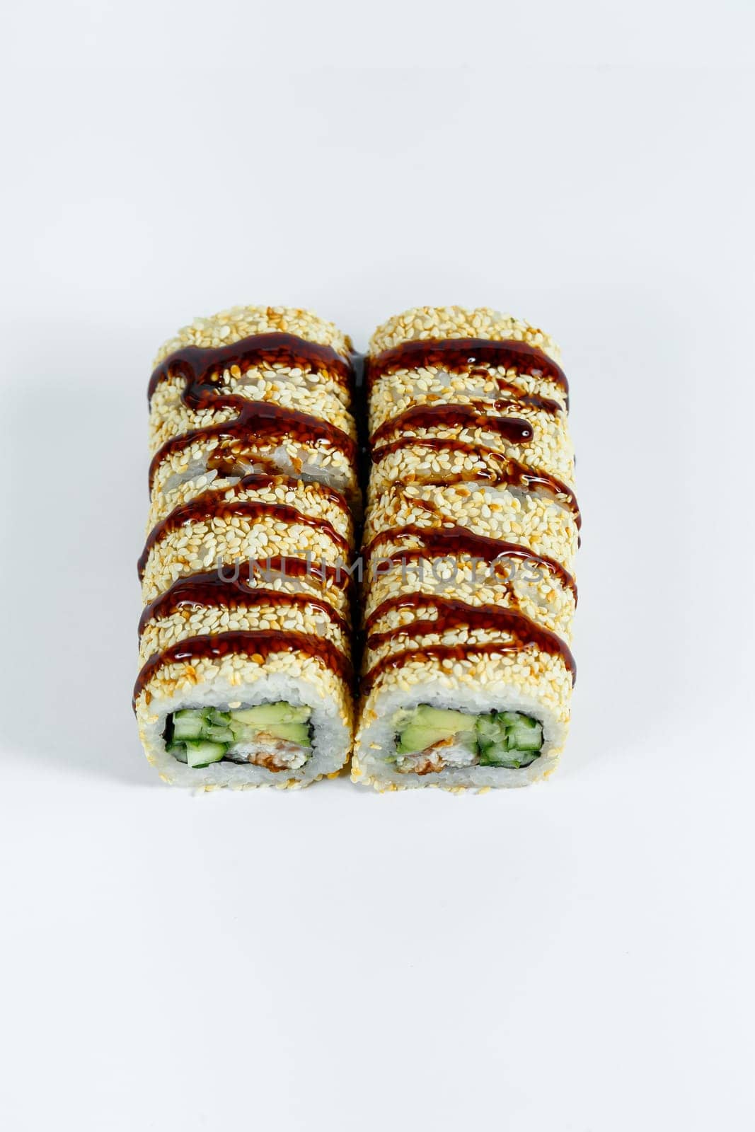 Japanese traditional food. Sushi rolls philadelphia classic with fresh eel and cream cheese and caviar