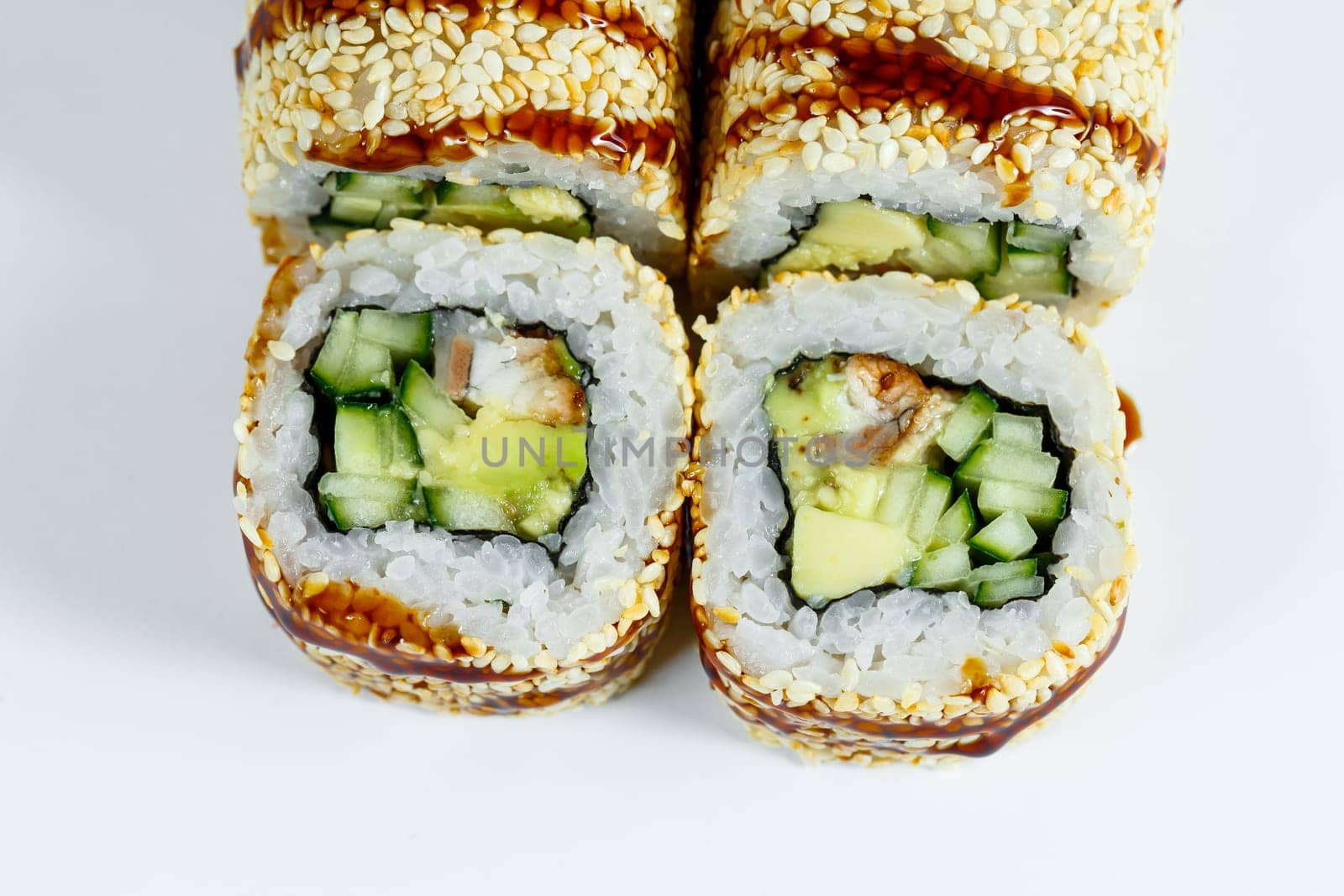 Japanese traditional food. Sushi rolls philadelphia classic with fresh eel and cream cheese and caviar