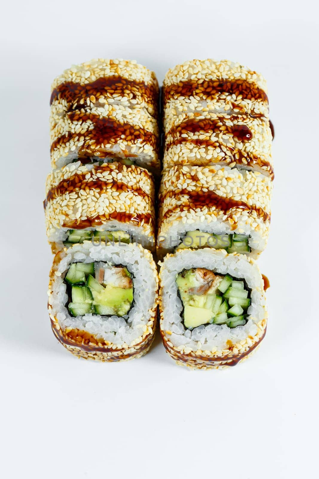 Japanese traditional food. Sushi rolls philadelphia classic with fresh eel and cream cheese and caviar