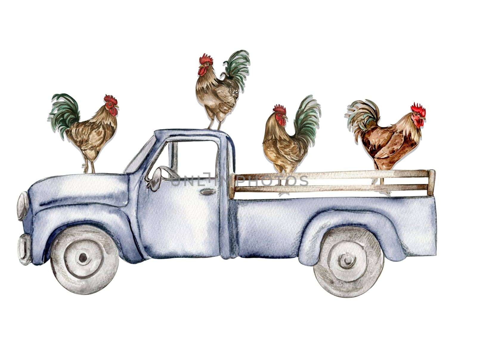 Watercolor composition of cock and truck. Hand drawn rooster, artistic painting illustration of fowl. Watercolor illustration of hen. Perfect for wedding invitation, greetings card, posters. by ArtsByLeila