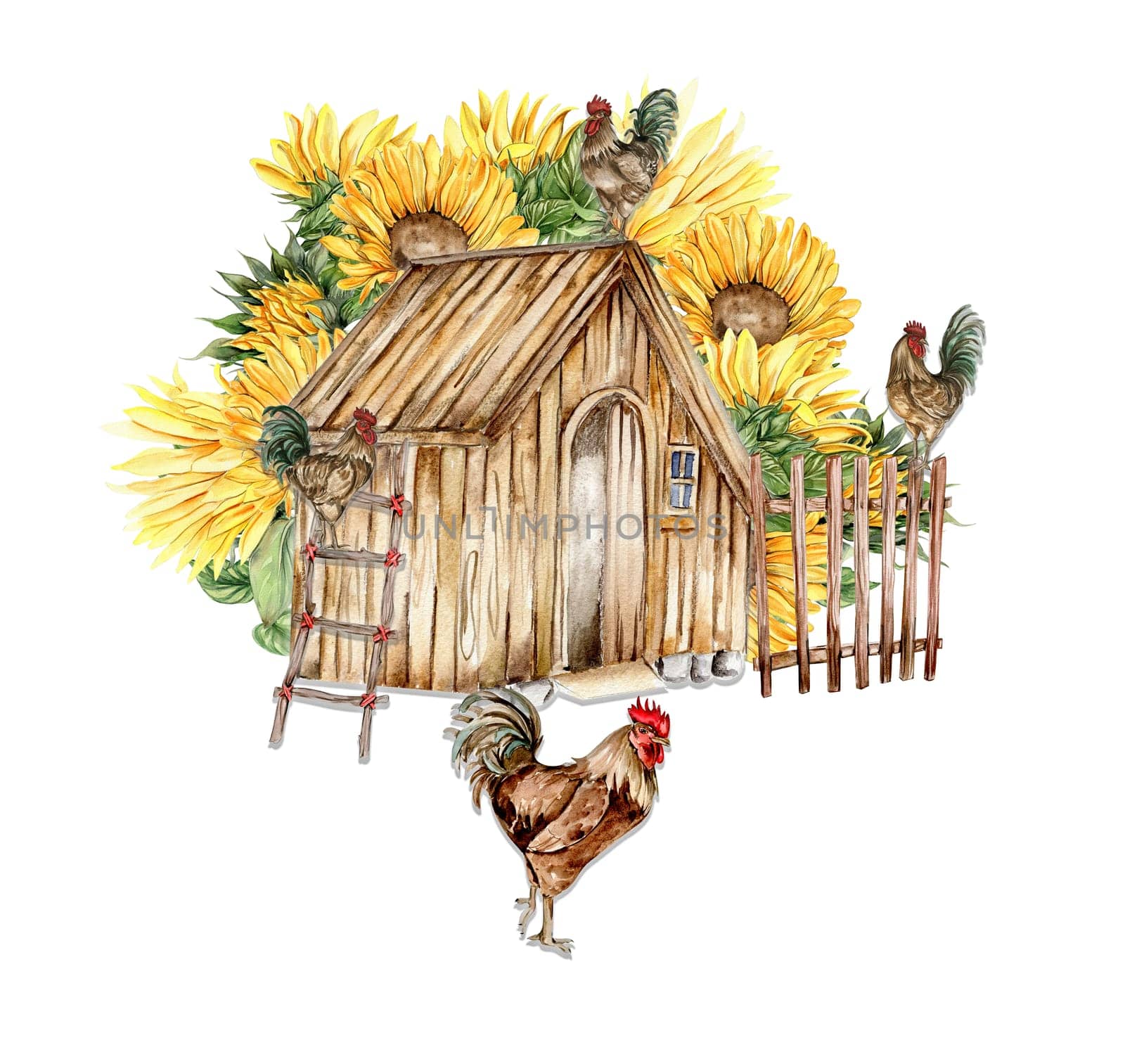 Watercolor wooden farmhouse. sunflowers and cock composition. Hand drawn illustration of a farm. Perfect for wedding invitation, greetings card, posters. by ArtsByLeila