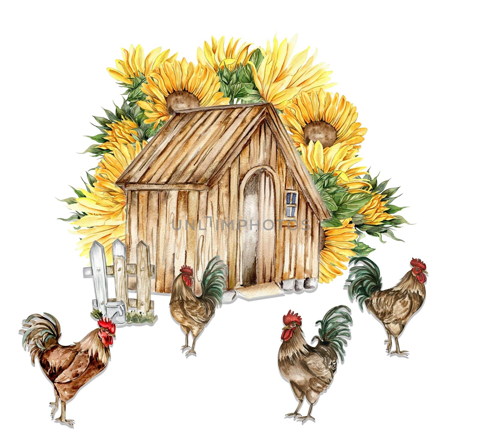 Watercolor wooden farmhouse. sunflowers and cock composition. Hand drawn illustration of a farm. Perfect for wedding invitation, greetings card, posters. by ArtsByLeila