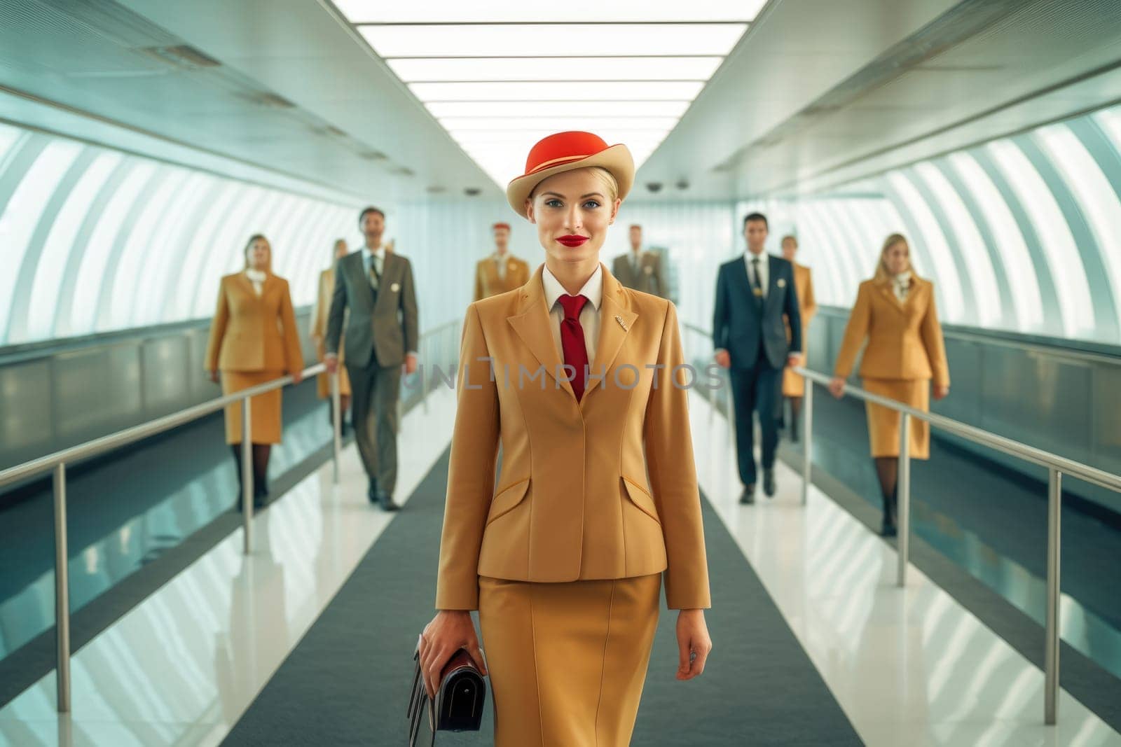 Group of flight attendant walking on airport gate or corridor. Picturesque generative AI