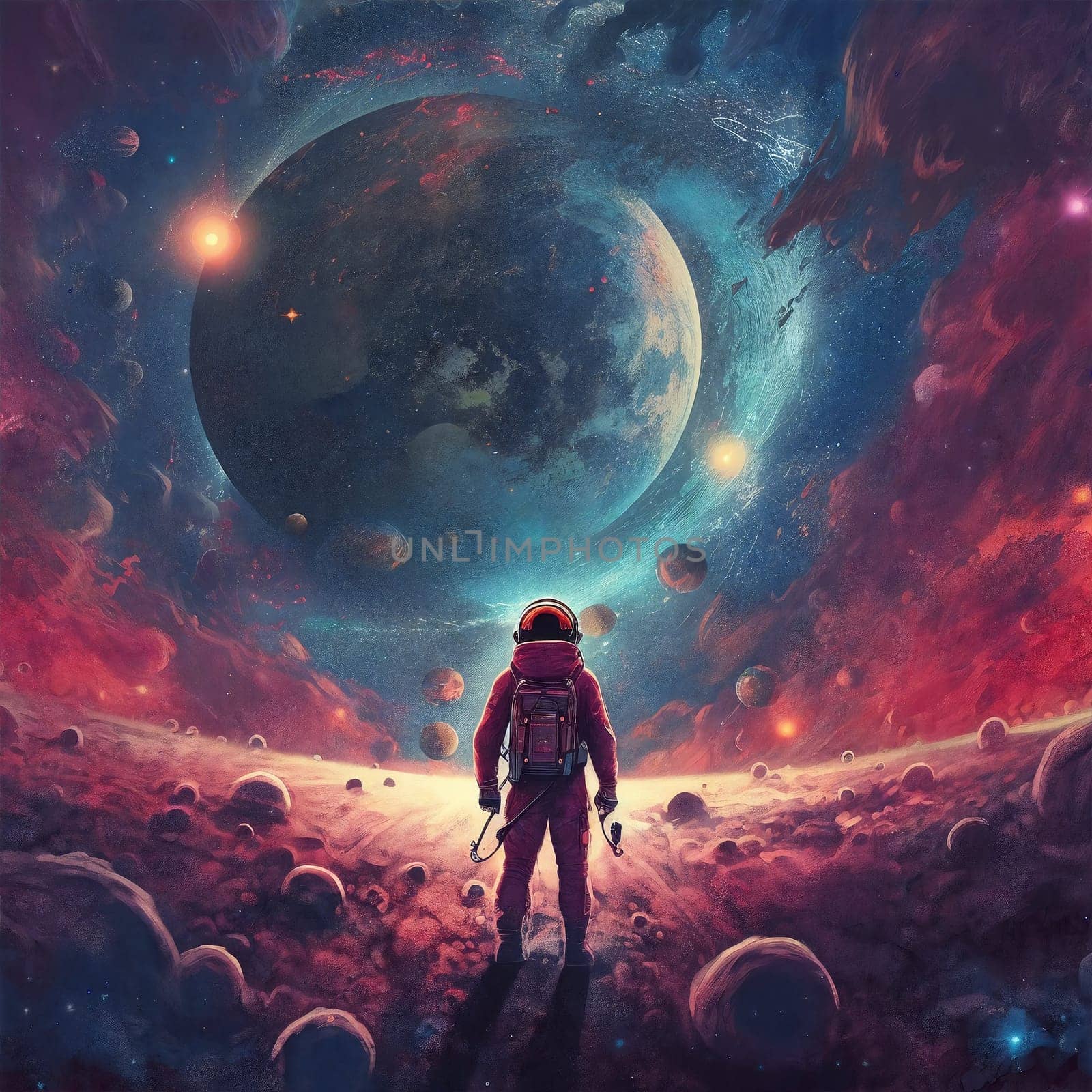 Astronaut exploring fantasy planet, night sky with stars and planets on background . AI Generative