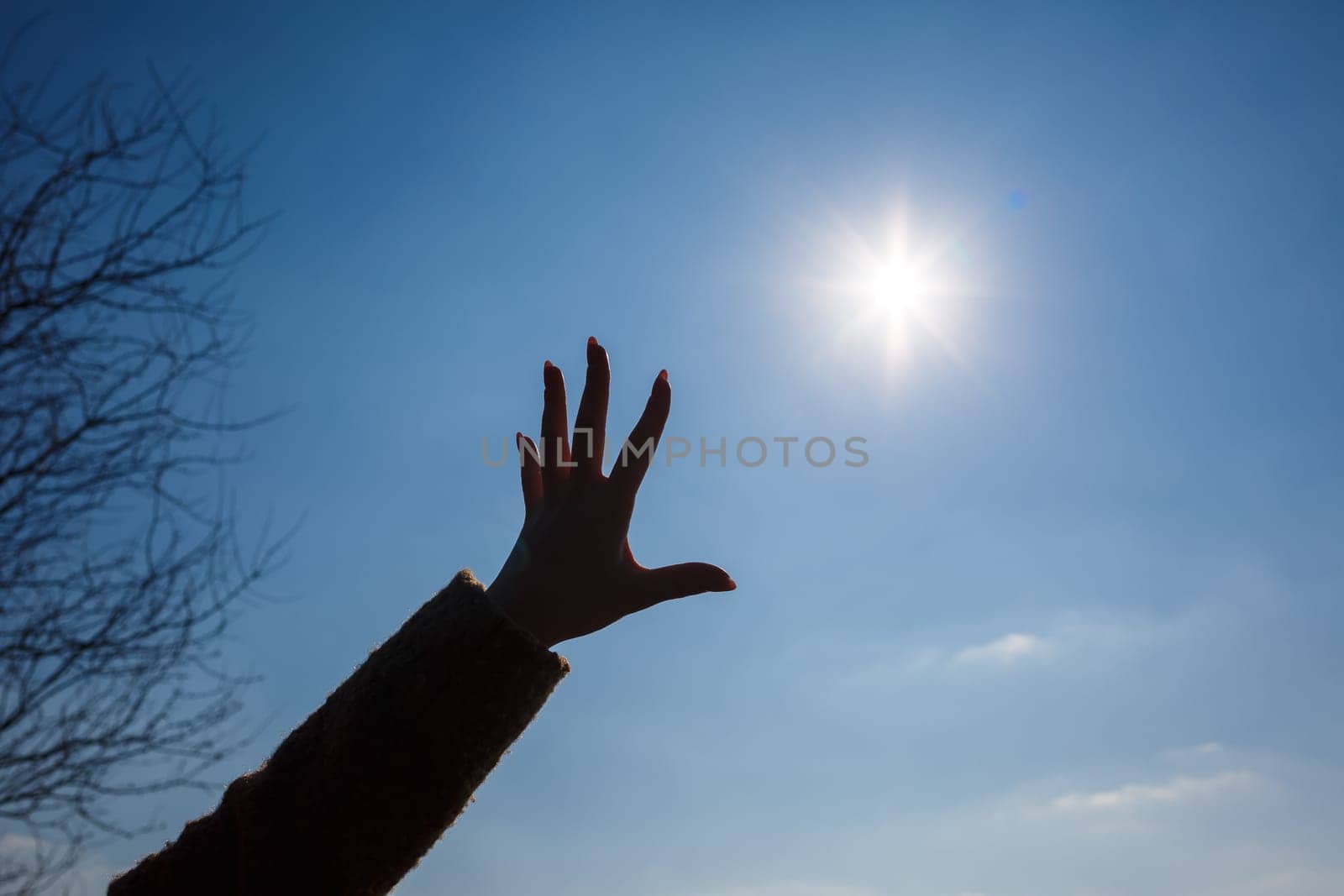 silhouetted a female hand against a blue sky and bright sun