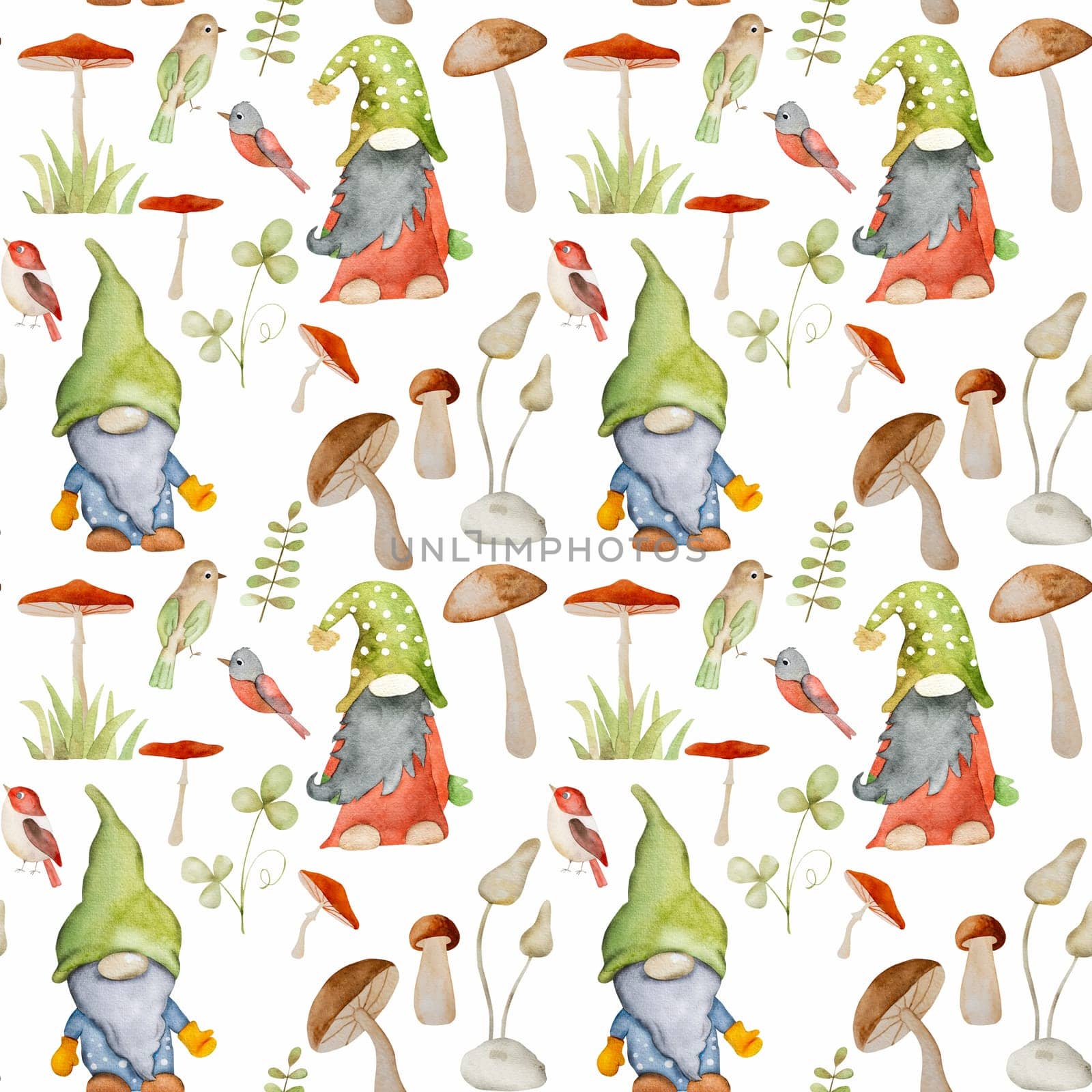 Forest dwarf with mushrooms watercolor seamless pattern by tan4ikk1