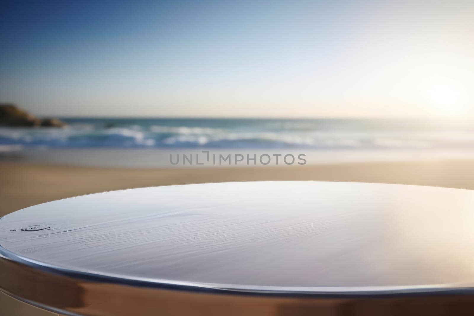 Round wooden table in a beach , overlooking the sunset sea.Montage style to dispaly the product. Ai generative
