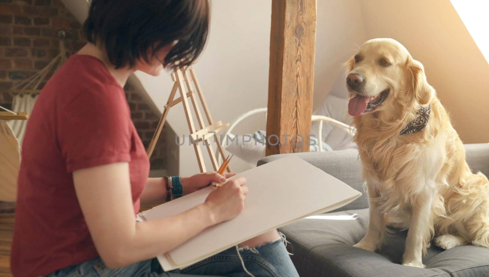 Pretty girl artist drawing sketch with golden retriever dog by tan4ikk1