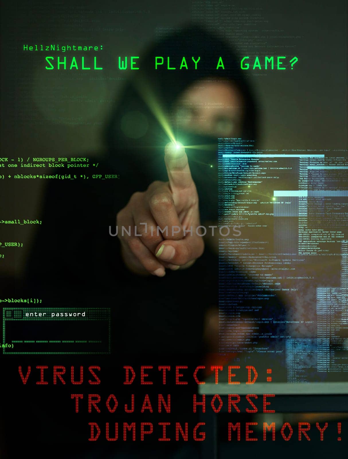 Fingerprint, virus and overlay with a man hacker working on a computer to install malware on a system. Cyber security, data and dashboard with a male hacking a database for information phishing by YuriArcurs