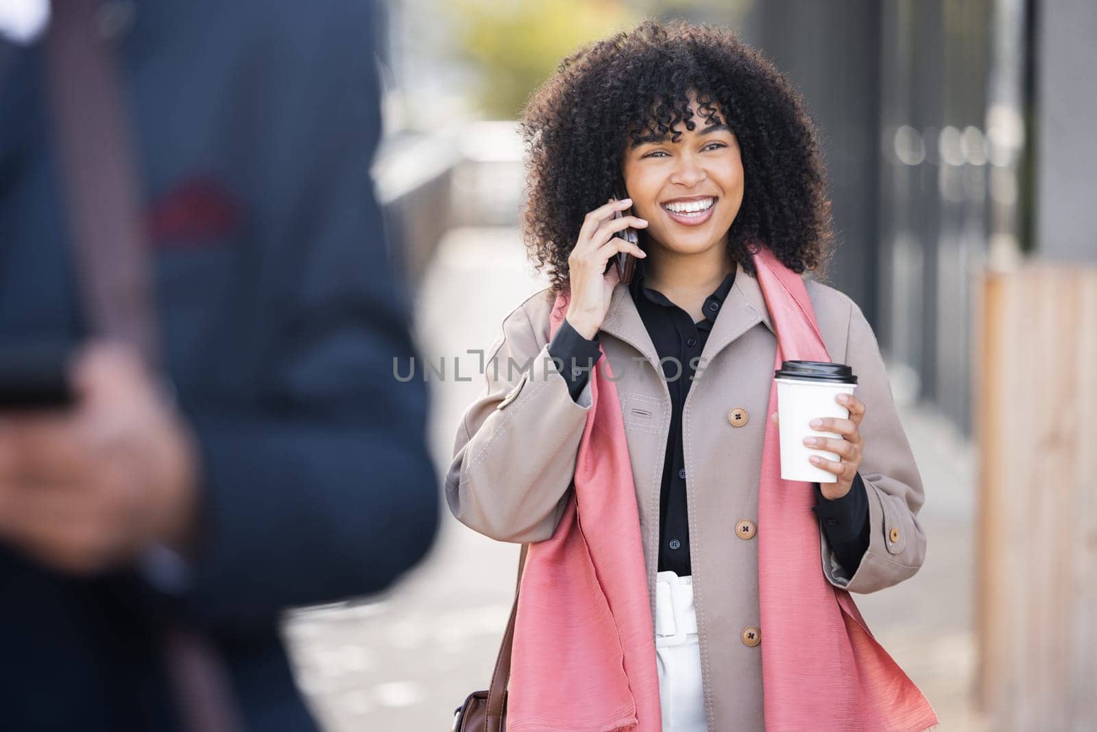 Happy, travel or business woman with phone call for contact us, speaking or networking in London street. Smile, 5g network or employee with smartphone for strategy, communication or success planning.