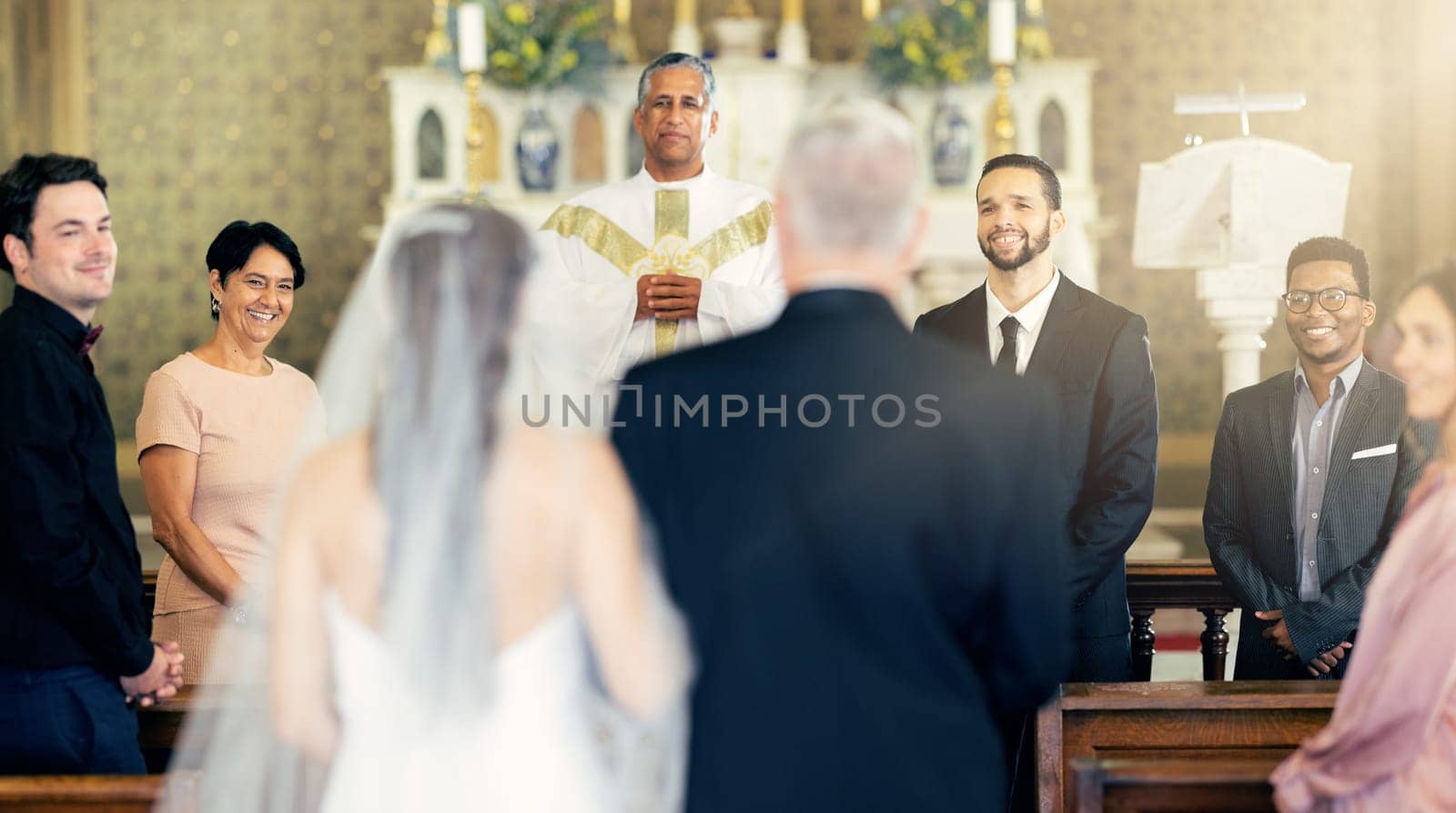 Wedding, love and bride and father walking the aisle in a church for celebration together. Happy, smile and groom, family and friends waiting for future wife with dad during event for marriage by YuriArcurs