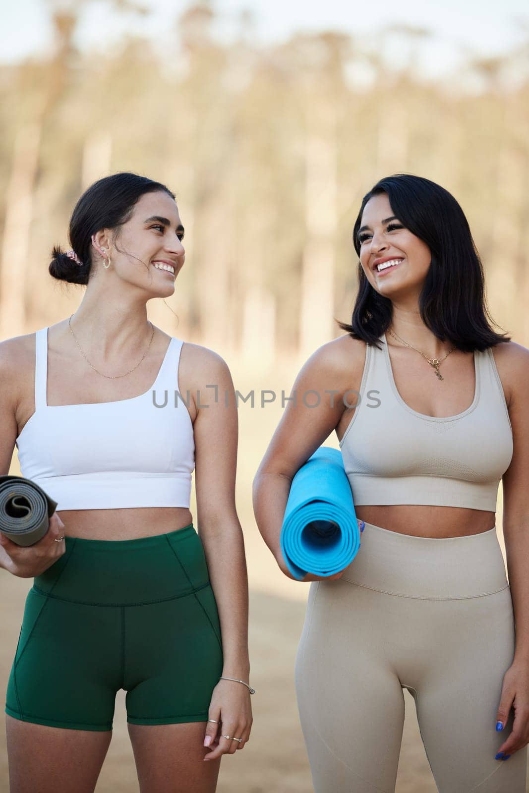 Fitness, start or friends in nature for yoga exercise workout or body training in healthy lifestyle. Athlete girls, women or fun people with happy smile ready for exercising together in summer on mat.