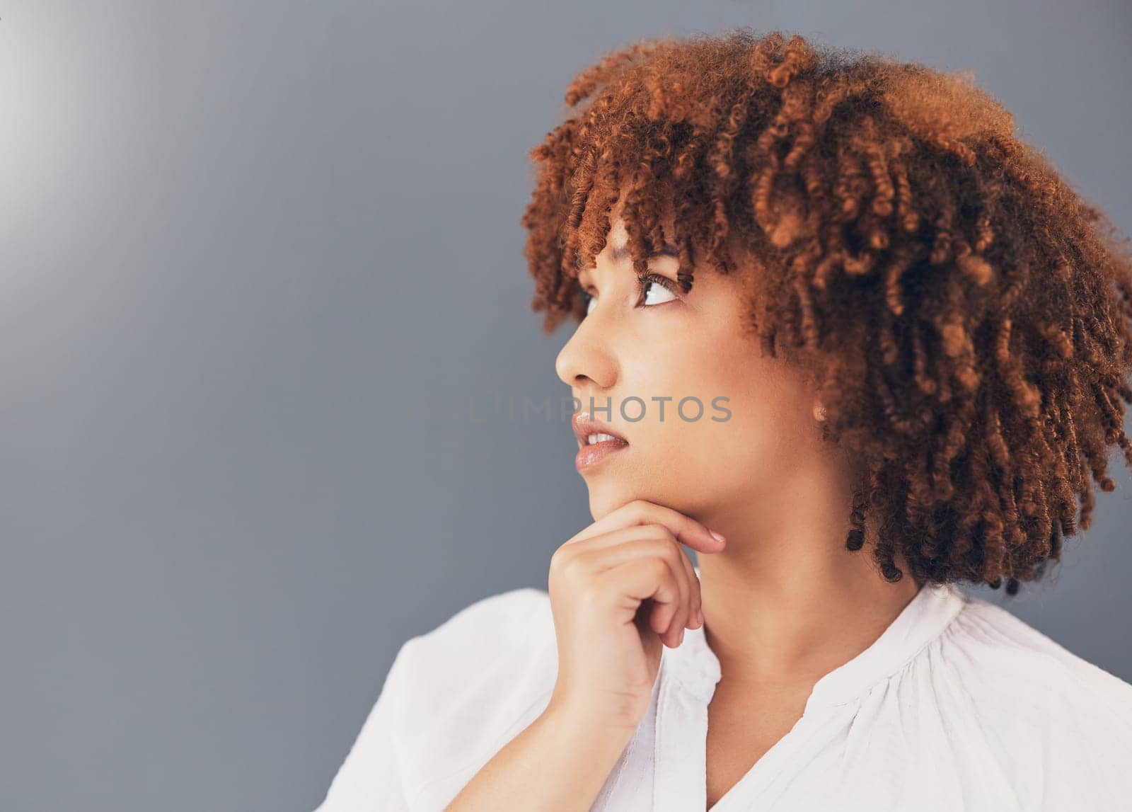 Ideas, thinking and black woman isolated on gray background scholarship, education or university decision. Contemplating, inspiration and young person, model or student with thoughtful idea in studio.