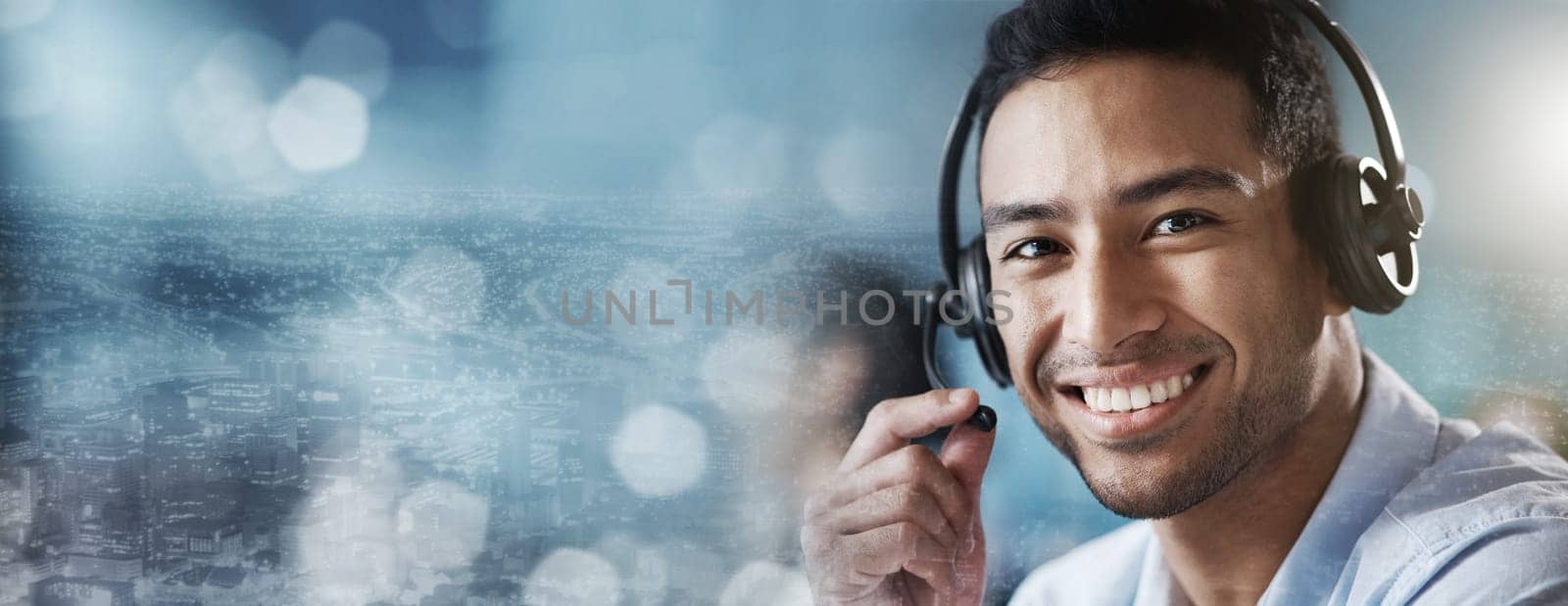 Portrait, mockup or happy consultant in call center helping, talking on microphone or networking online. Crm, man or agent in communication at customer services smiles with pride at sales job success by YuriArcurs