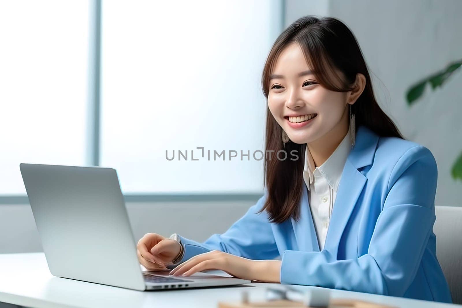 A beautiful Japanese girl with a smile on her face communicates with colleagues online, on a laptop. Generative AI. High quality illustration