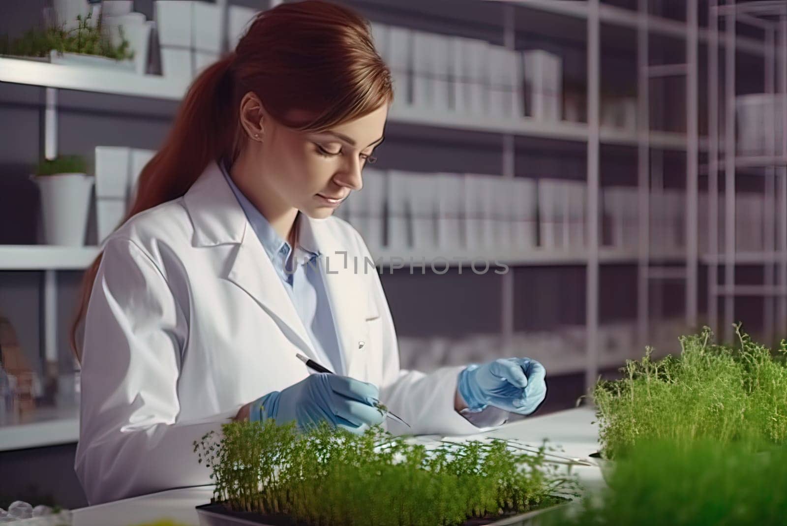 Biologist woman researching microgreens in the laboratory. Generative AI. High quality illustration
