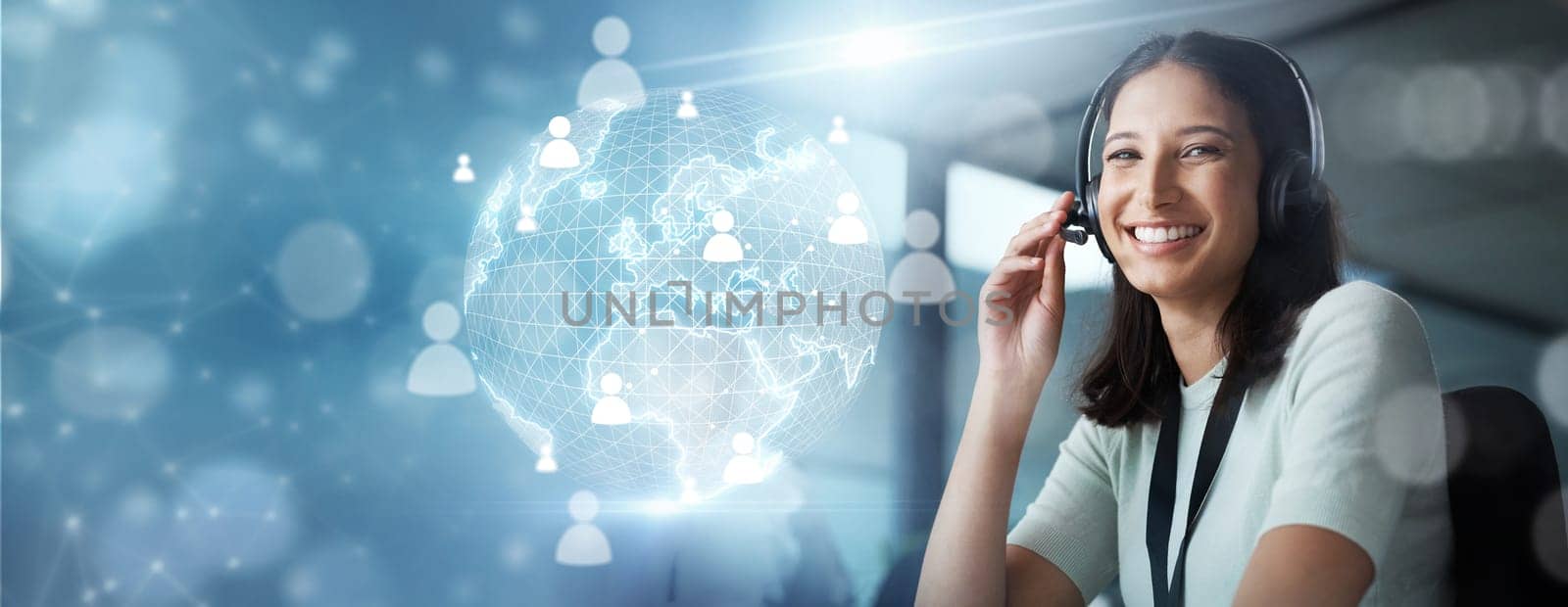 Portrait, overlay or telemarketing agent in a call center helping, talking or networking online. Crm, happy woman or consultant in communication at customer services or sales job on Hologram mockup.