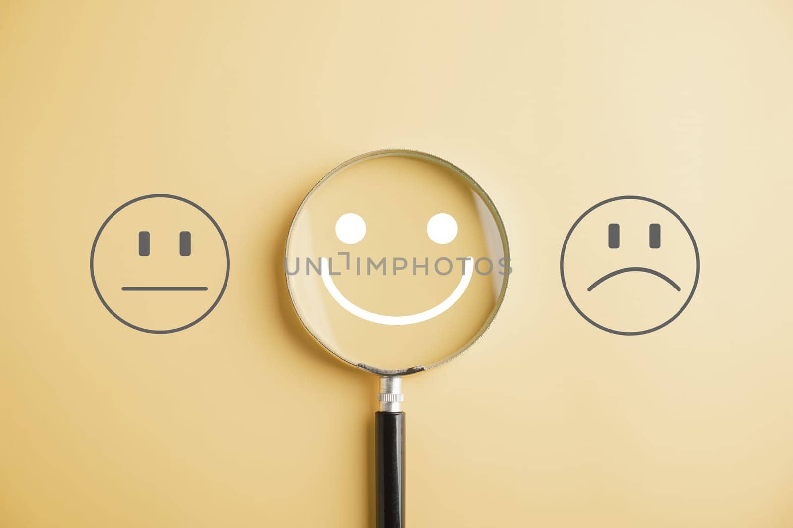 Finding happiness magnifying glass reveals smiley face icon. Customer satisfaction and evaluation post-service marketing survey. Magnification, satisfaction, reputation, corporate, customer, emotion