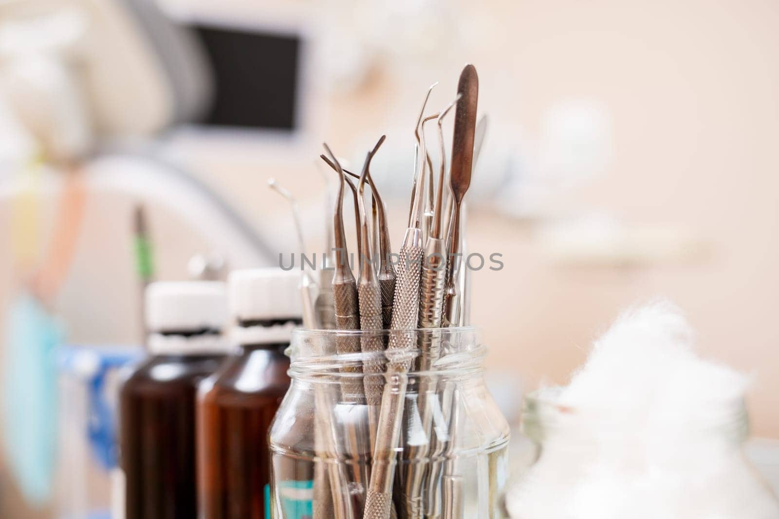 Dentist dental instruments on the medical table. Laboratory instrument for dental treatment. Prosthetists' office.