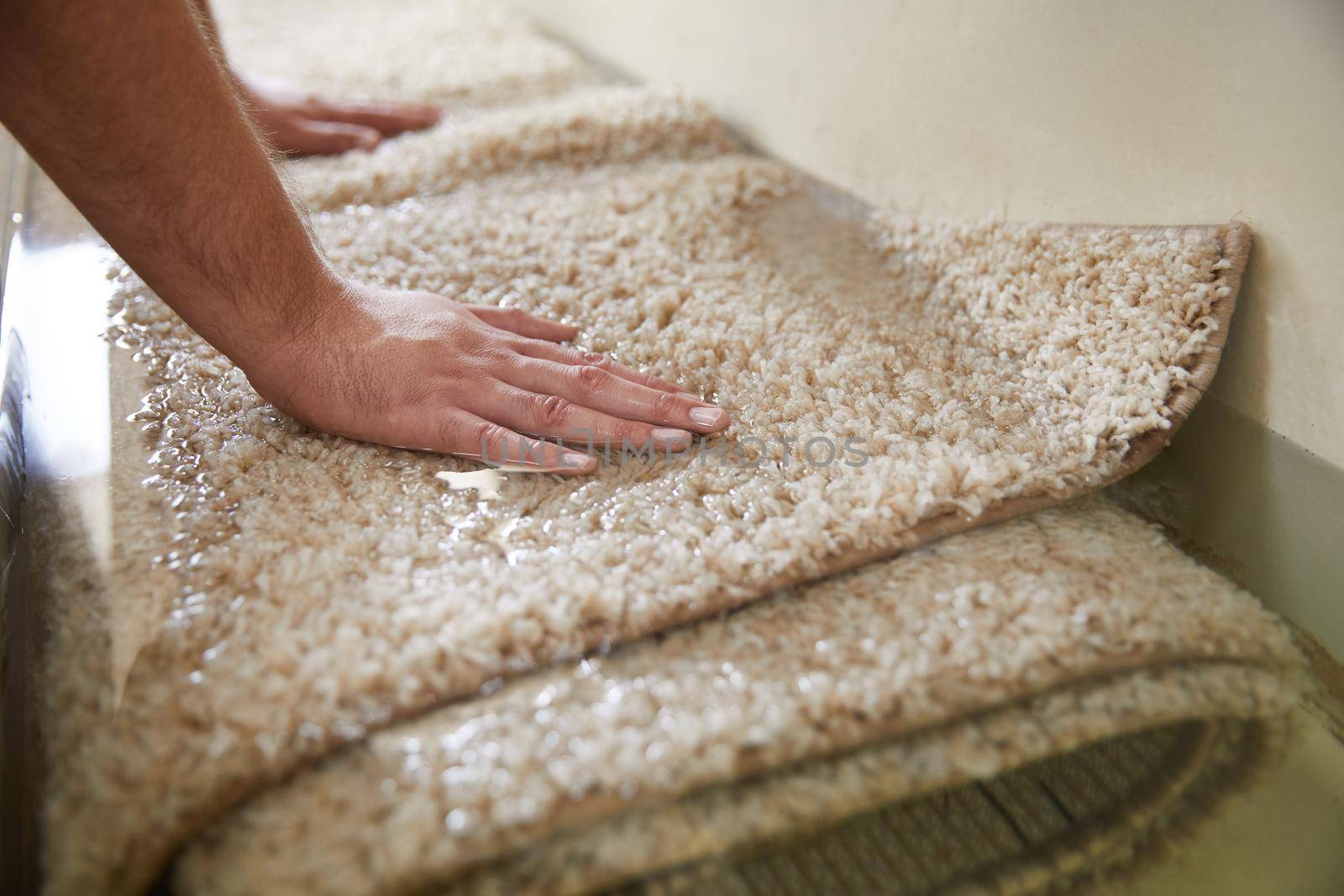 Dirty carpet soaking in special chemical liquid in carpet cleaning service